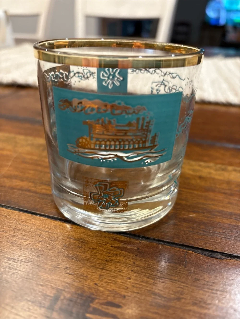 VTG Libbey Southern Comfort Riverboat Steamboat Glass set of 3 Turquoise Gold - Picture 4 of 7